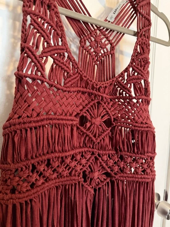 Zara Macramé Fringe Boho Top Rust Crochet Festival Tank Size M - Picture 3 of 5